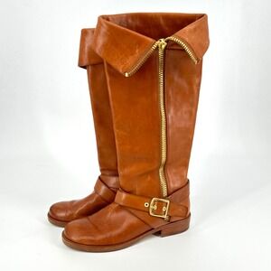 Coach Jolene Knee High Riding Boots Tan Leather Gold Zip Buckle Women's 8B